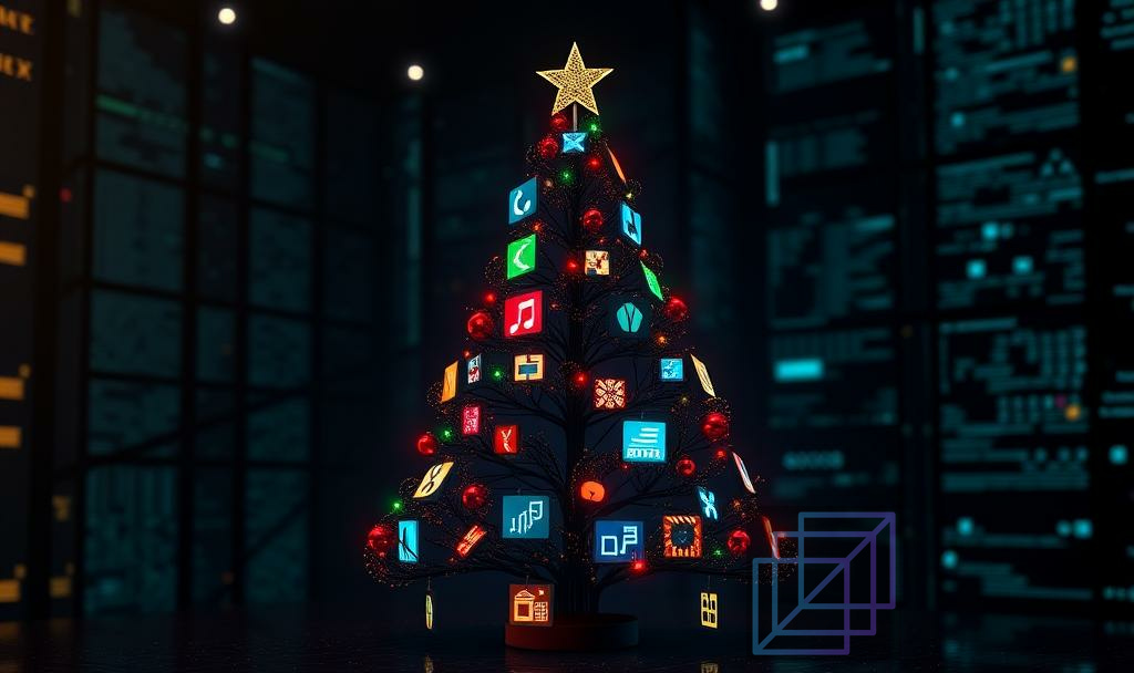 An AI generated image of a christmas tree with database symbols adorned on it.