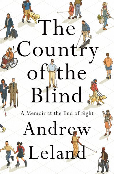 Cover of Andrew's book, Country of the Blind. Blind people are doing various things -- walking, moving about in a wheelchair, two people rollerblade. 