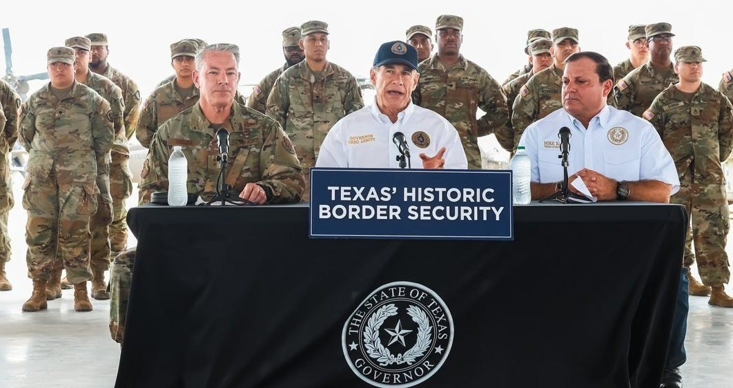 Texas Governor Greg Abbott (with Texas "Border Czar" Mike Banks) briefs the media on the progress of "Operation Lone Star."