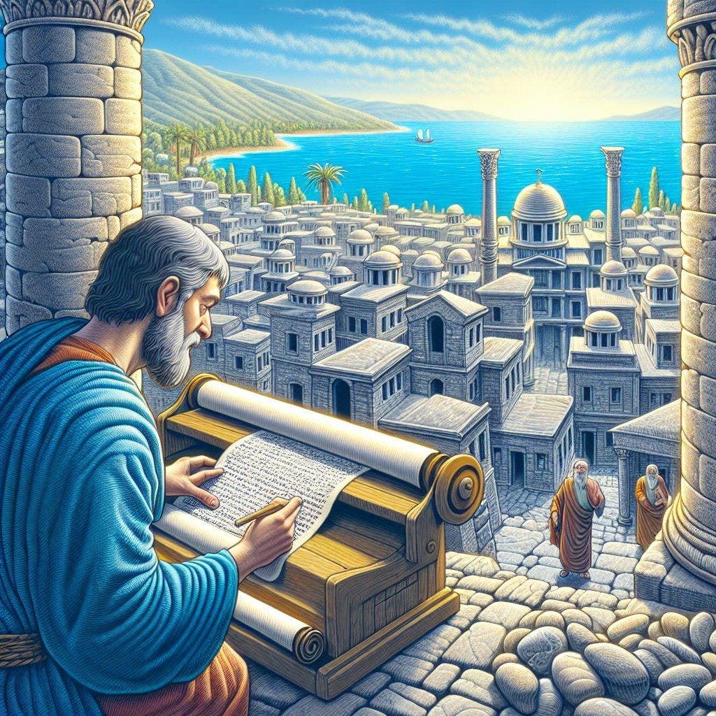 Acts 20:17 - "¶ And from Miletus he sent to Ephesus, and called the elders of the church."

Visualize a scene from Acts 20:17. From the ancient city of Miletus, a message is sent to Ephesus, summoning the elders of the church. The cityscape of Miletus is filled with stone structures characteristic of the time. The message is conveyed through a scroll, the man dispatching the message is diligently transcribing it. In the background, the blue Aegean Sea contrasts the stone city. The recipient of the message in Ephesus, an elder of the church in the simple garb of a religious leader, is seen. The artwork is enhanced by the traits of digital art - vibrant colours and sharp contrasts.