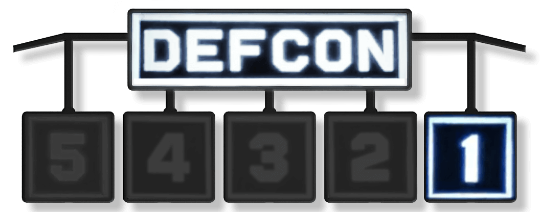 DEFCON sign with white number 1 lit, all other numbers are inactive.