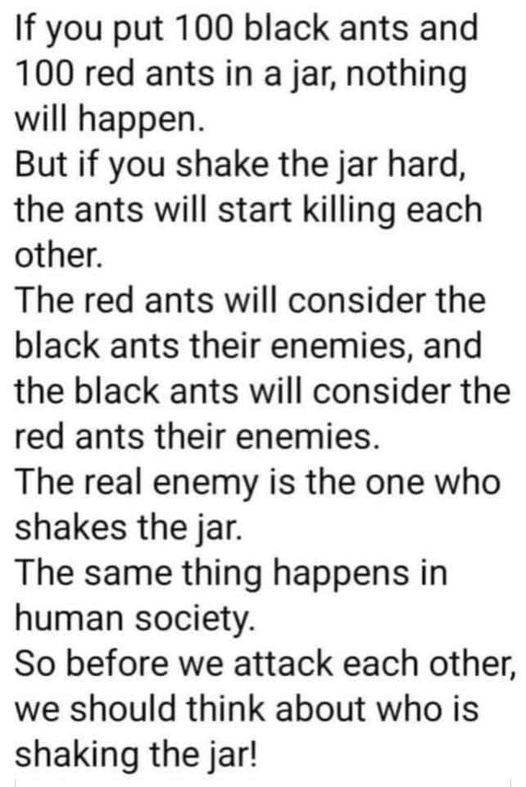 May be an image of text that says 'If you put 100 black ants and 100 red ants in a jar, nothing will happen. But if you shake the jar hard, the ants will start killing each other. The red ants will consider the black ants their enemies, and the black ants will consider the red ants their enemies. The real enemy is the one who shakes the jar. The same thing happens in human society. So before we attack each other, we should think about who is shaking the jar!'