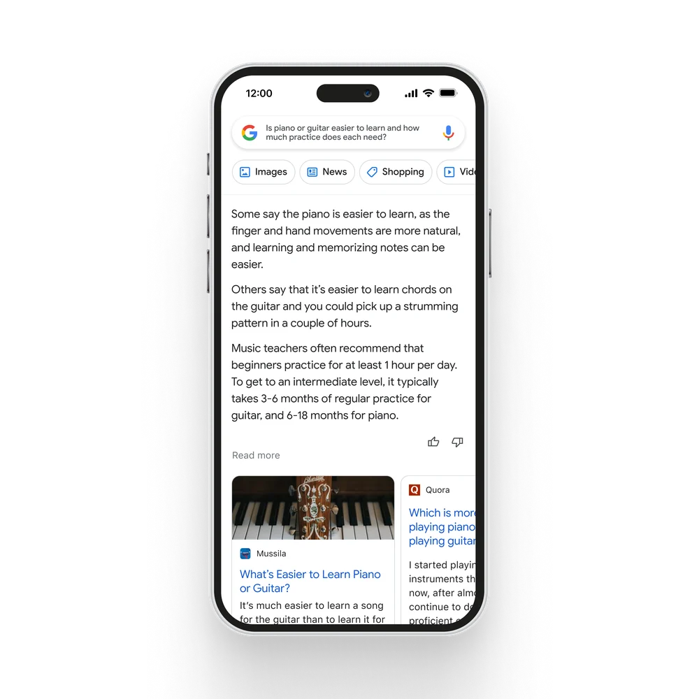 Mobile phone showing a Search query for "is piano or guitar easier to learn and how much practice does each need?" The search result page displays an answer to the question, powered by AI