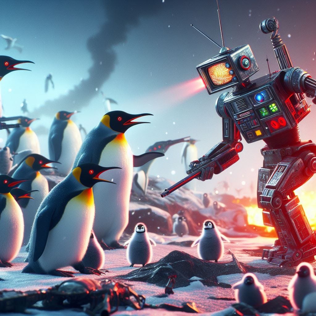 scifi penguin army fighting tv-robots