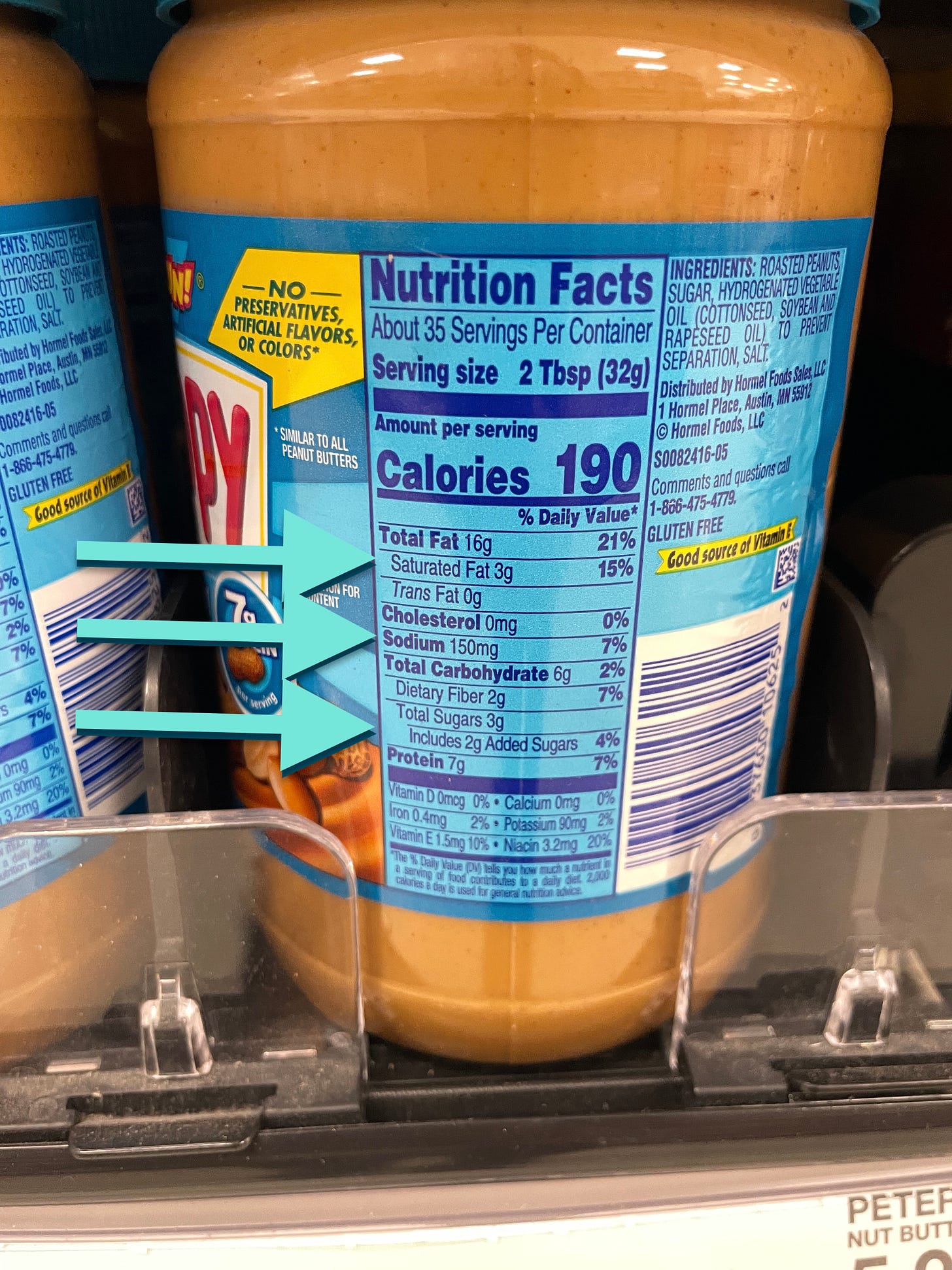 Peanut butter label highlighting sodium, added sugar, saturated fat, and trans fat
