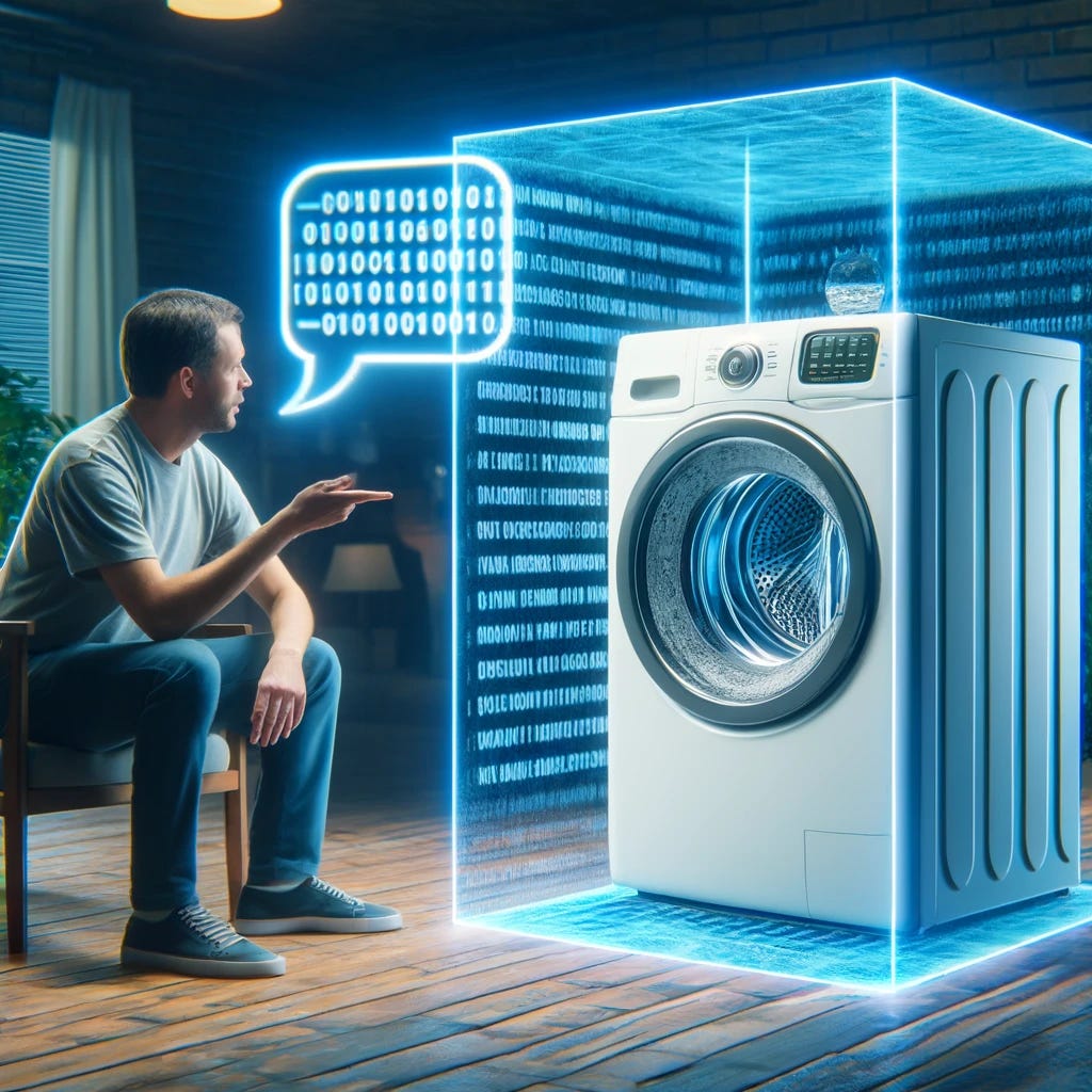Imagine a humorous yet insightful scene where a man is having a conversation with a washing machine. In the middle, a transparent digital screen floats, serving as a real-time translator between human language and binary code (1s and 0s). The man appears to be explaining something with a gesture, while the washing machine, anthropomorphized with a digital display face, looks engaged in the conversation. The screen translates the man's words into binary, and vice versa, highlighting the interface between human communication and machine language. This creative visualization metaphorically reflects the evolving relationship between humans and technology, emphasizing the idea of understanding and interacting with machines on a more intuitive level.