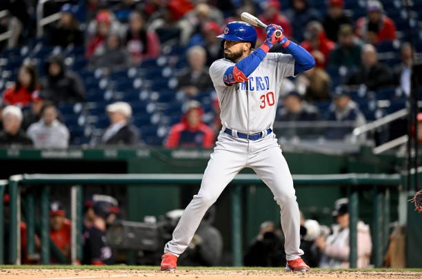 Edwin Rios of the Chicago Cubs bats against the Washington Nationals at Nationals Park on May 02, 2023 in Washington, DC.