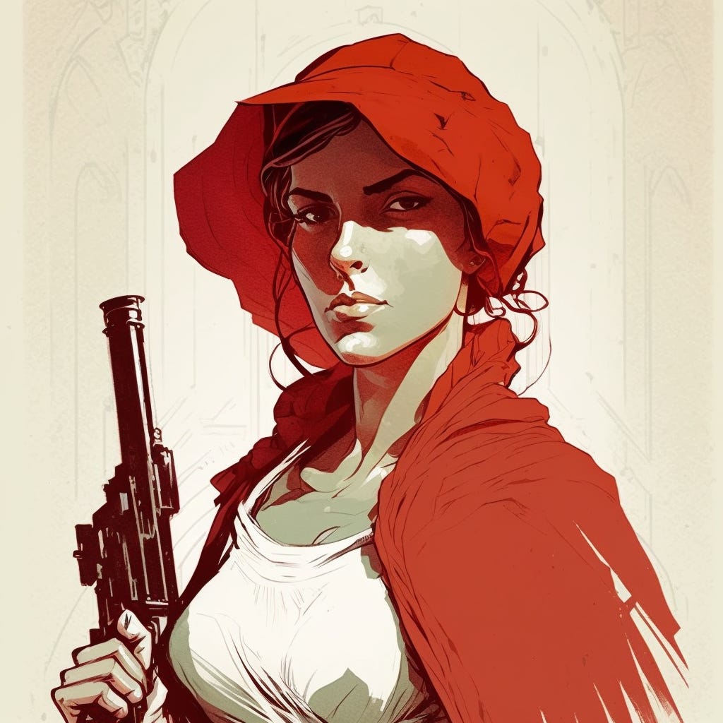 A righteous woman wearing a vivid red bonnet brandishes her gun.