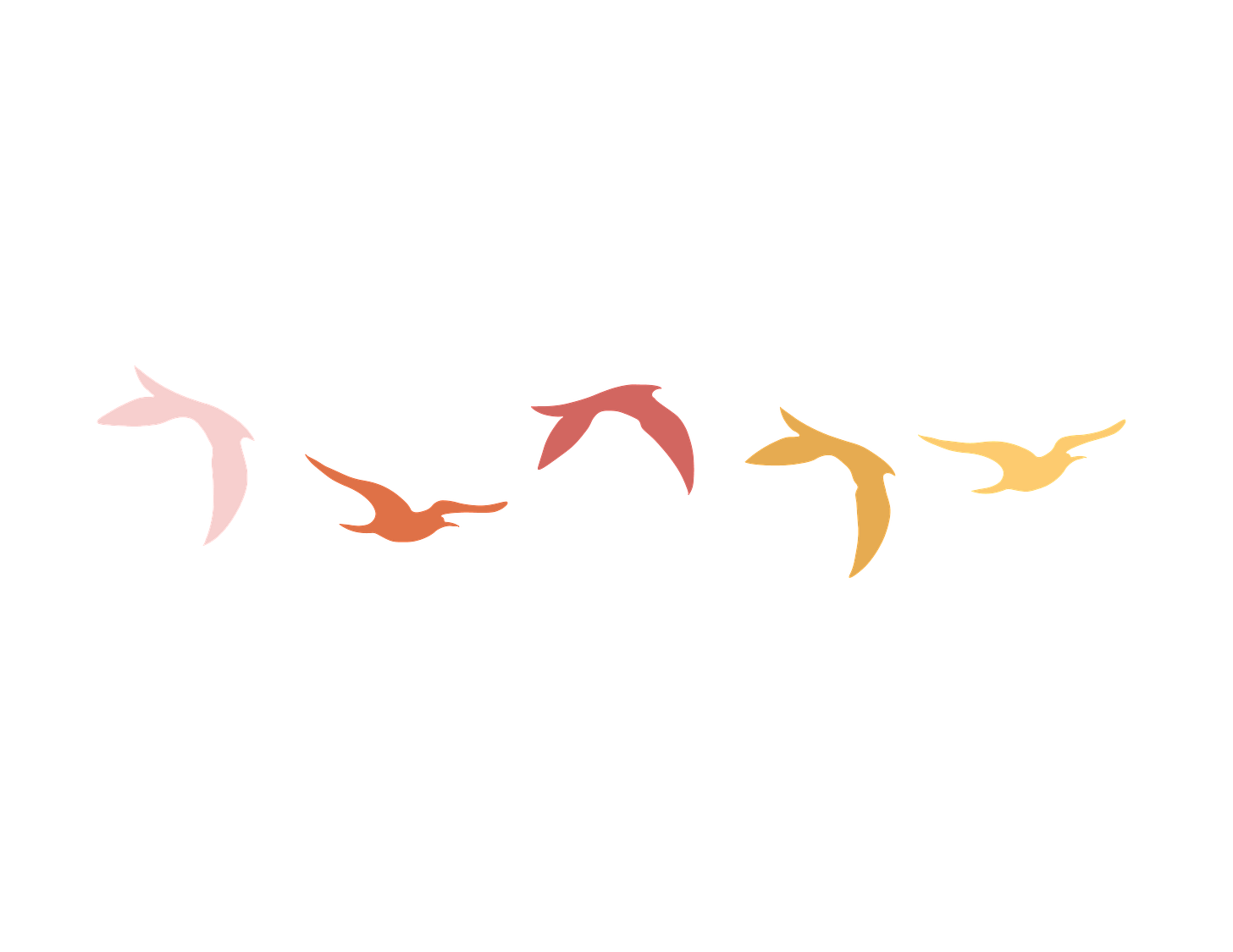 Five birds in various pink and orange colors - in graphic form - appear to be flying in the sky.