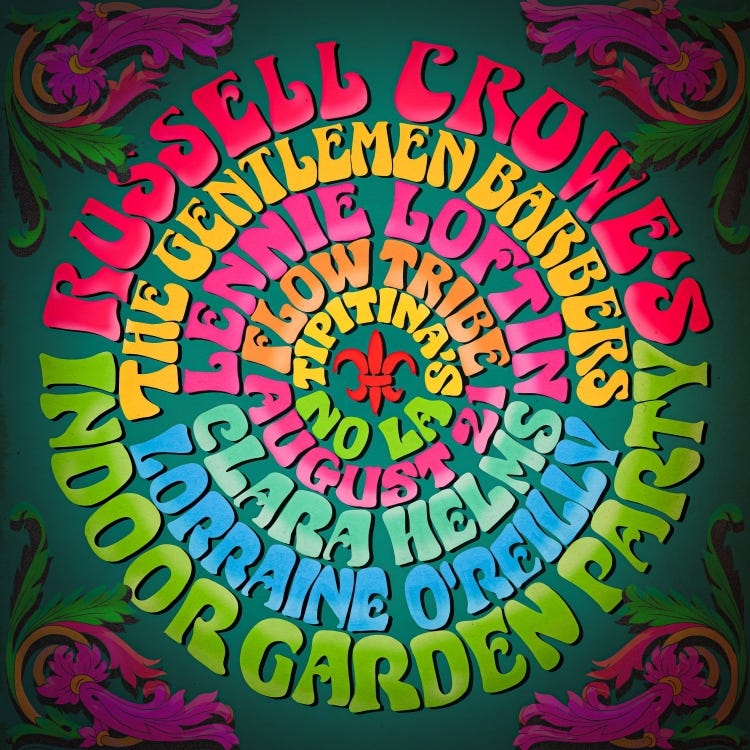 A colorful, psychedelic-style poster for Russell Crowe's Indoor Garden Party concert at Tipitina’s in New Orleans on August 21, featuring vibrant text and swirling patterns.