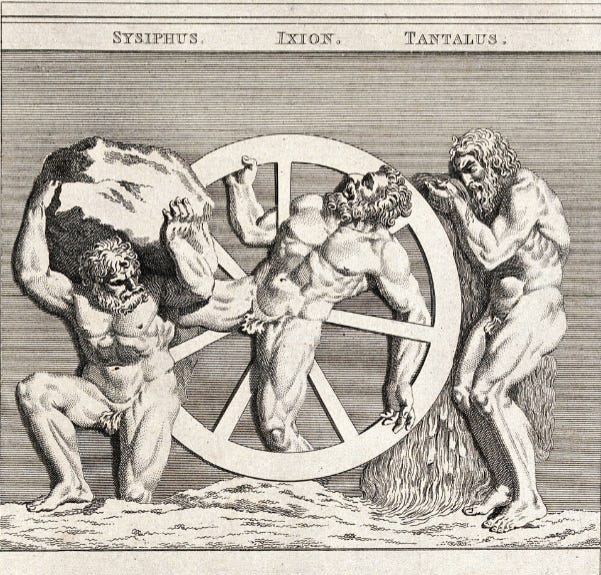Sisyphus, Ixion and Tantalus. Etching by C. Grignion, 1790.