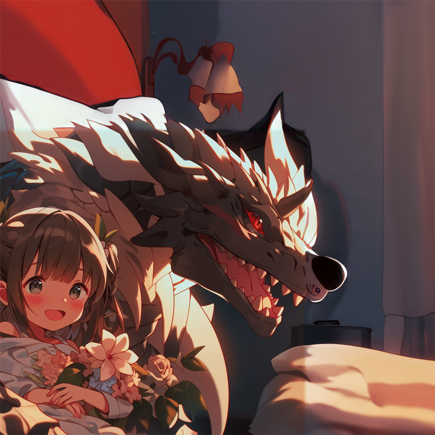 This is a digital illustration by the author, Johnny Profane Âû, titled "I Would Roar & Flex When You Can't." A cozy, dimly lit bedroom with a warm, inviting atmosphere in a painterly anime style. The scene shows a young child, sitting up in bed with a bright, happy smile. Behind the child, a large, fanciful stuffed Tyrannosaurus Rex appears, giving the impression of being a protective, comforting presence. The bed has a white blanket, and the room features soft, warm lighting. On the wall above the bed, a small lamp provides a gentle glow, enhancing the cozy feel of the room. The child's expression and the presence of the stuffed dinosaur evoke feelings of safety, imagination, and the simple joy of bedtime routines, highlighting the bond between the child and their beloved toy. The anime style engages both children of this generation and invokes memories for adults reading it. Digital tools included AI.