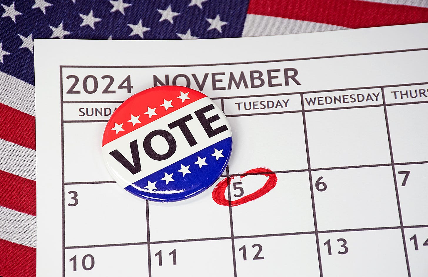 a calendar with November 5, 2025 circled in red, and a VOTE button, with a USA flag in the background