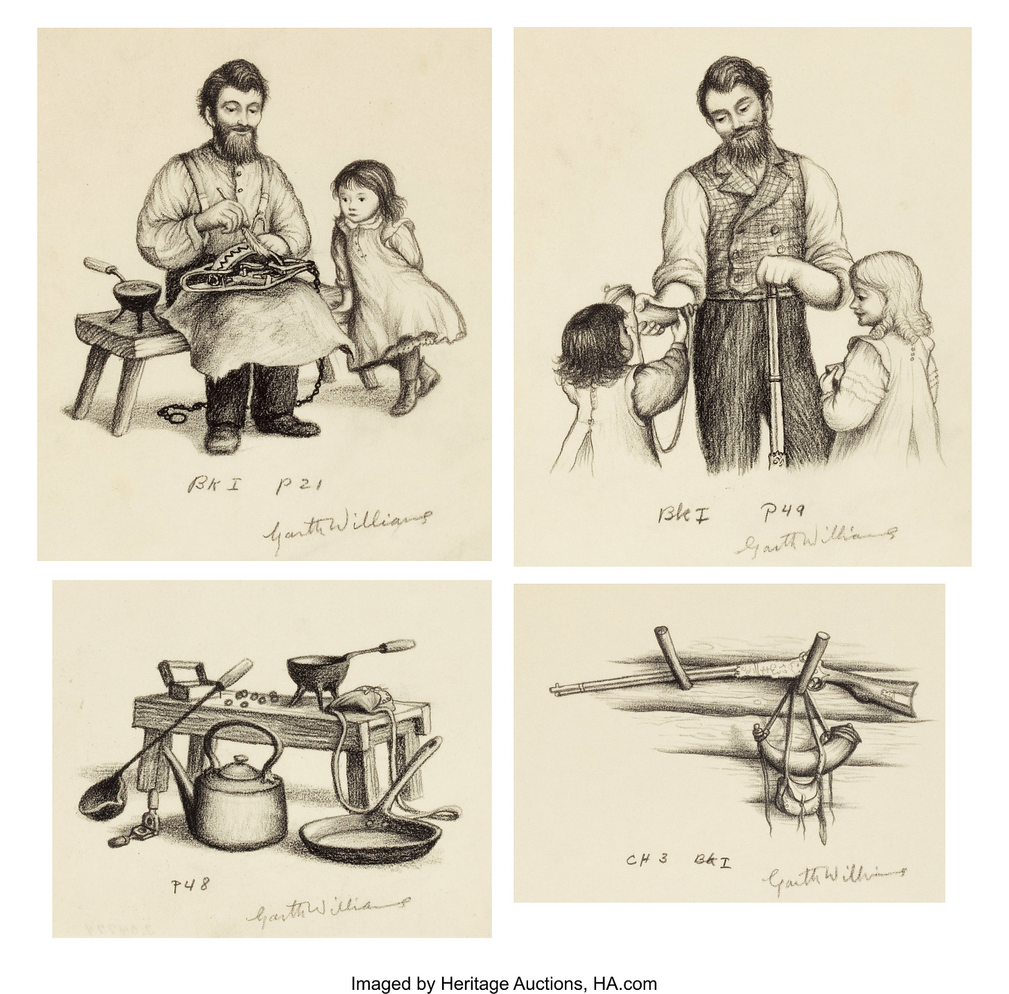 Four detailed pencil drawings by artist Garth Williams, showing Charles Ingalls with his traps, his hunting rifle and the tools for making bullets. His daughters Laura and Mary are depicted helping him in two of the drawings. 