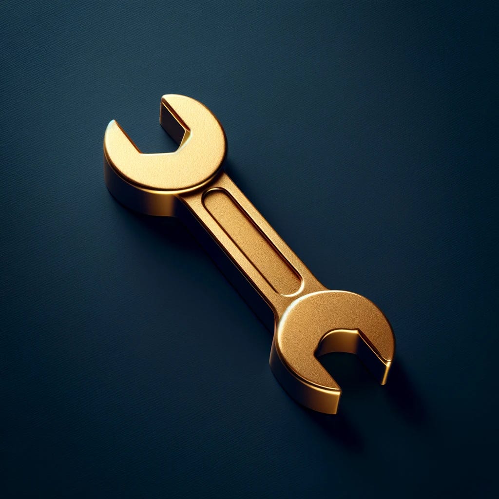 A photo-realistic image of a golden wrench placed on a background with a dark navy color, specifically #001426. The wrench should appear metallic and shiny, reflecting light, with detailed texture showing the metal grain. The dark navy background should be smooth and solid, creating a striking contrast with the golden wrench.