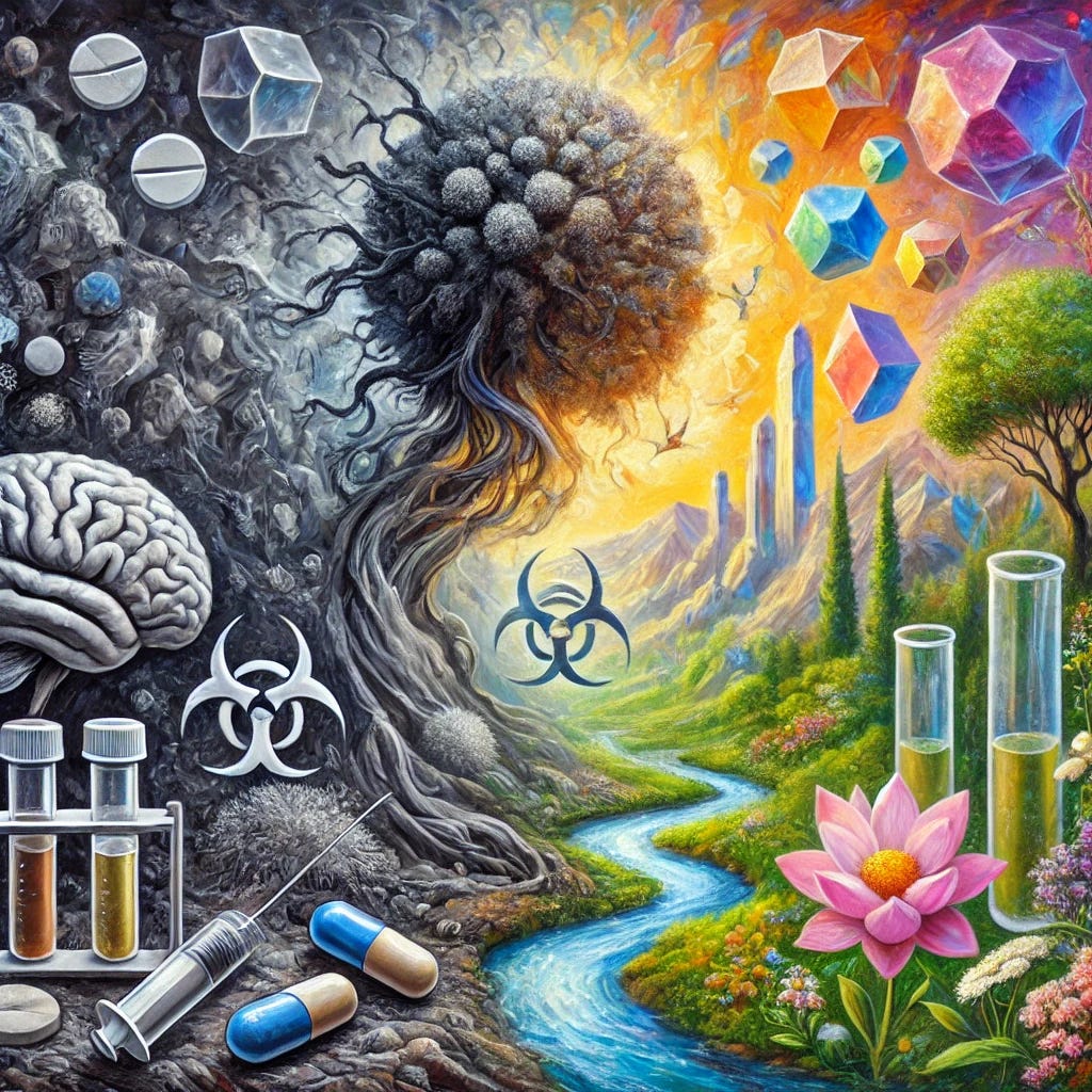 An expressive oil painting capturing the tension between conventional cancer treatments and alternative theories. In the center, a swirling dark form resembling a fungus (representing Candida) emerges, transitioning into crystalline, vibrant shapes symbolizing healing. On the left side, fragmented tools of modern medicine like pills, syringes, and microscopes appear in a cold, sterile color palette of grays and blues. On the right, a lush natural landscape with blooming flowers, streams, and trees symbolizes holistic health and hope, painted in warm yellows, greens, and whites. The background blends deep purples and blues with ascending bright tones, illustrating the interplay of challenge and hope.