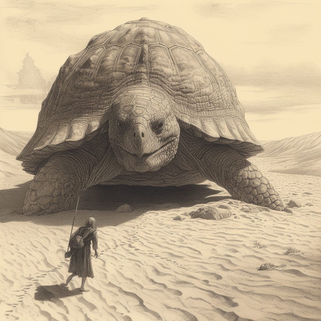 A colossal turtle towers over a woman in the middle of a desert.
