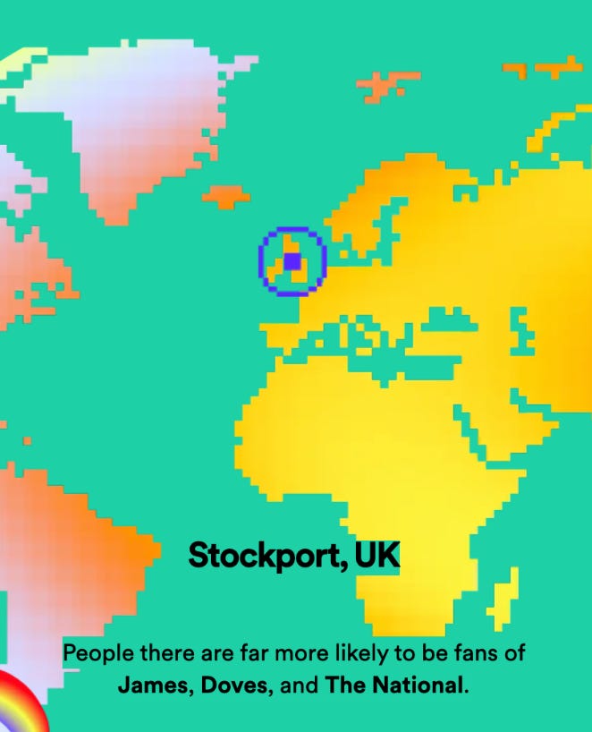 Spotify graphic saying people in Stockport, UK are far more likely to be fans of James, Doves, and The National than elsehwere