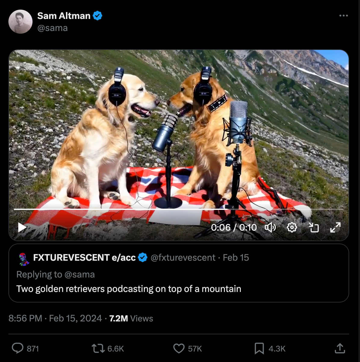 A tweet from Sam Altman quote-tweeting someone saying "two dogs podcasting on top of a mountain." His tweet is a still from a video of two golden retrievers in headphones in front of a mic on a. mountain.