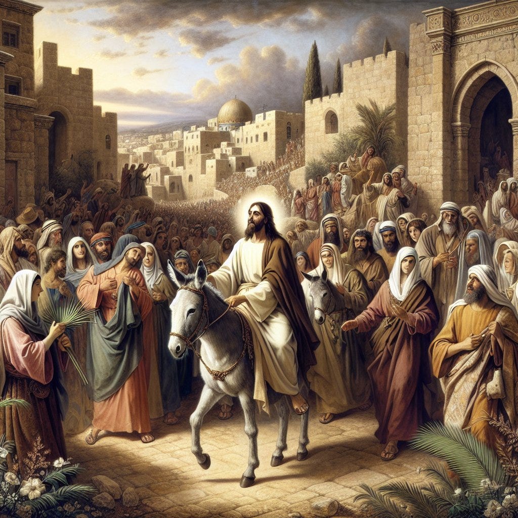 The entry of Jesus into Jerusalem on Palm Sunday.

A biblical scene depicting the moment Jesus, depicted as a Middle Eastern man with a serene countenance riding a donkey, enters Jerusalem on Palm Sunday, as described in the scriptures. The city of Jerusalem is filled with a diverse crowd of men, women, and children of various ages and attire appropriate to the period. They appear joyous and awed, waving palm branches in a gesture of welcome. The style that the piece is rendered in is reminiscent of the Renaissance era, with a focus on detailed realism, atmospheric perspective, and balanced composition, capturing the subtle interplay of light and shadow.