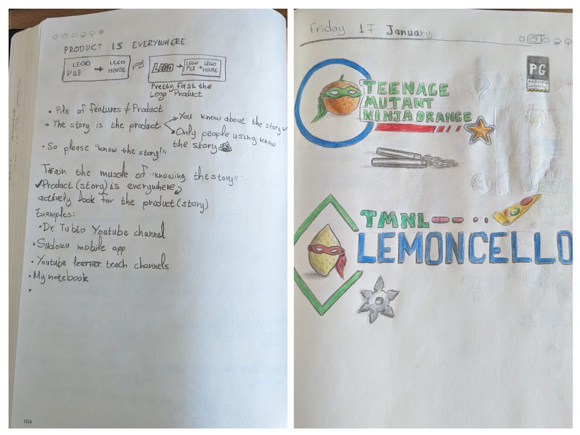 Photos of a draft outline of this post on the left, and some colored scribbles on the right from the same notebook.