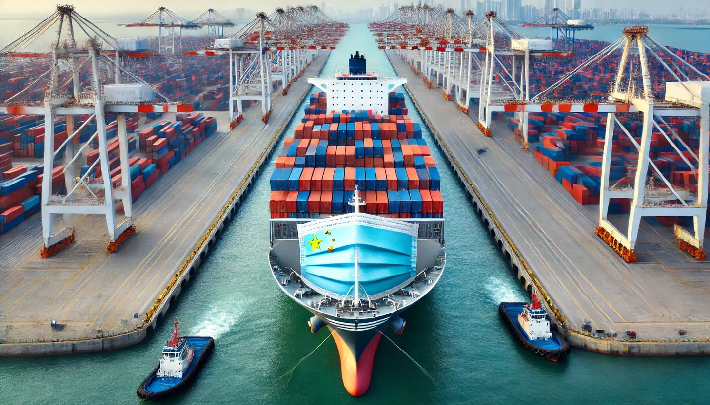 A wide aspect ratio image of a Chinese container ship wearing a large mask. The mask should cover the front of the ship, symbolizing protection or precaution. The ship should be in a harbor or at sea, with visible containers stacked on it, some possibly bearing the Chinese flag or markings. The scene should have a realistic appearance, with the ocean and other ships or harbor facilities in the background.