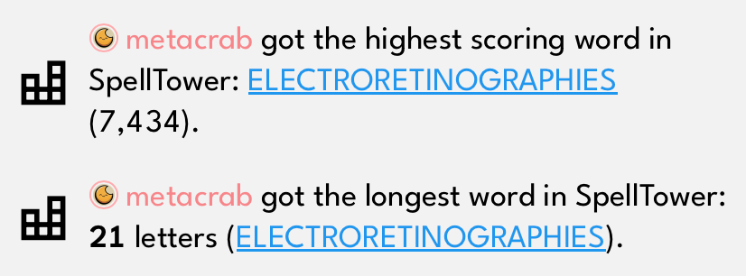   metacrab  got the highest scoring word in SpellTower: ELECTRORETINOGRAPHIES (7,434).    metacrab  got the longest word in SpellTower: 21 letters (ELECTRORETINOGRAPHIES).