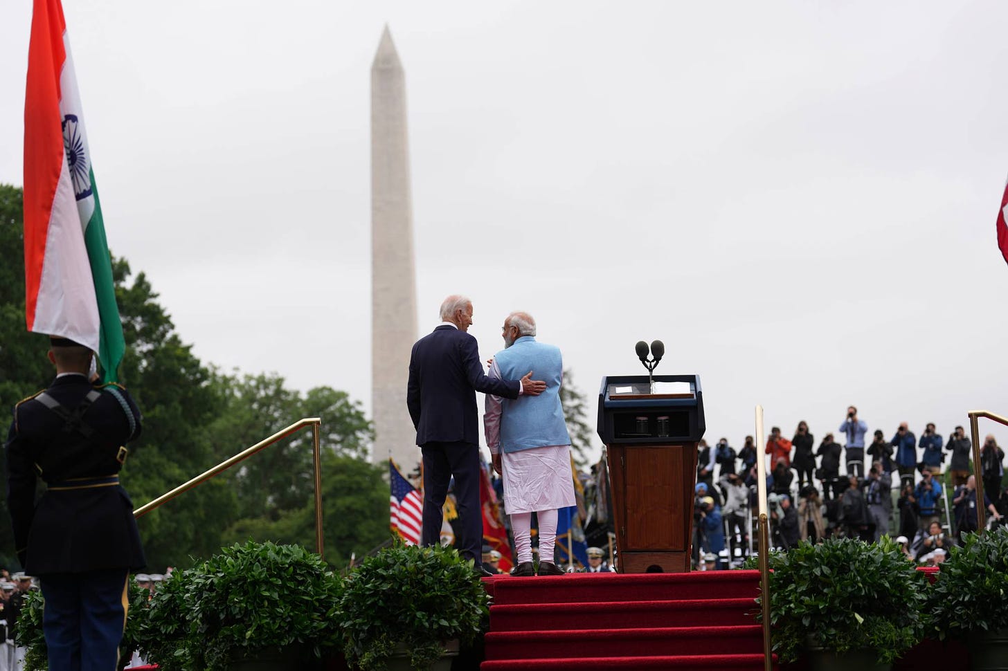 U.S. President Joe Biden with Indian Prime Minister Narendra Modi on the South Lawn of the White House in Washington on June 22. | SAMUEL CORUM / THE NEW YORK TIMES