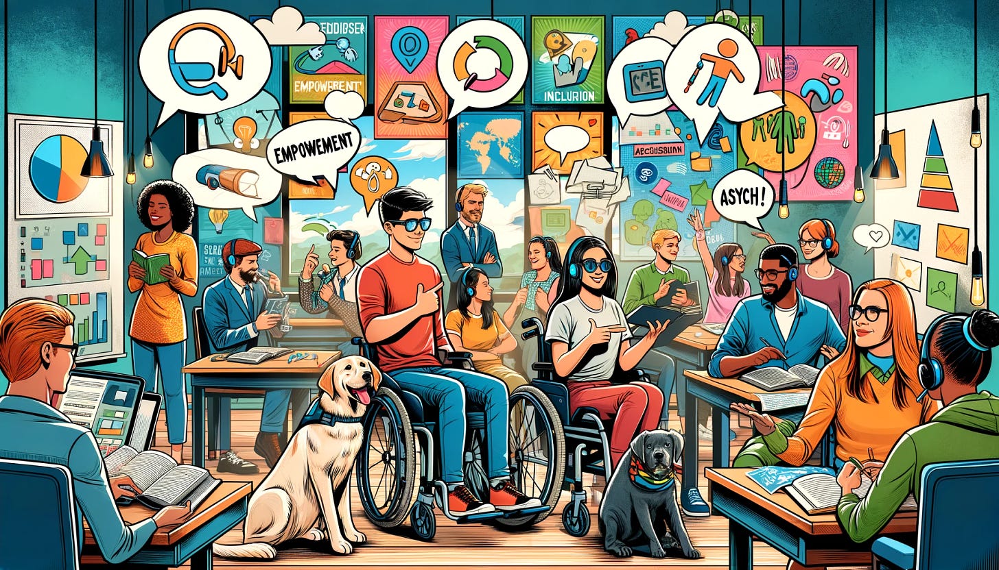 The comic-style image celebrates Global Accessibility Awareness Day. It depicts a lively and inclusive classroom with diverse individuals of all ages and abilities. There are people using wheelchairs, a person with a guide dog, someone using sign language, and a student with a hearing aid. They are engaged in various activities such as reading, using technology, and discussing ideas. The classroom walls are adorned with colorful posters promoting accessibility and inclusivity. 