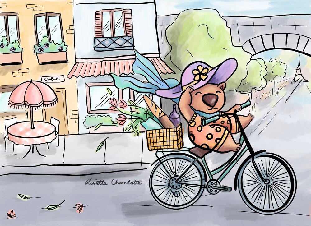 An illustration of a wombat riding through Paris on a bike