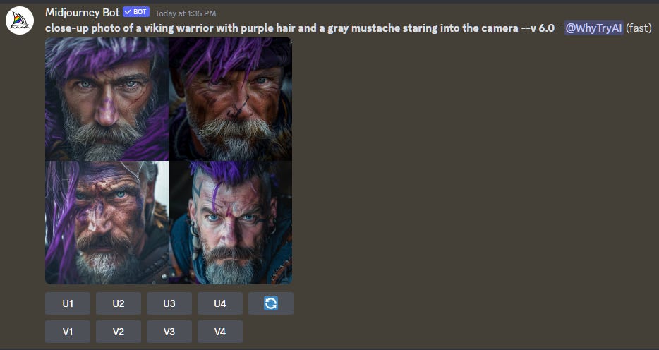 close-up photo of a viking warrior with purple hair and a gray mustache staring into the camera