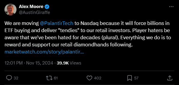 unusual_whales on X: "A deleted tweet by Alex Moore, board member of  Palantir, $PLTR. He also said: “Everything we do is to reward and support  our retail diamondhands following." https://t.co/KmMVQ2M7gD" / X