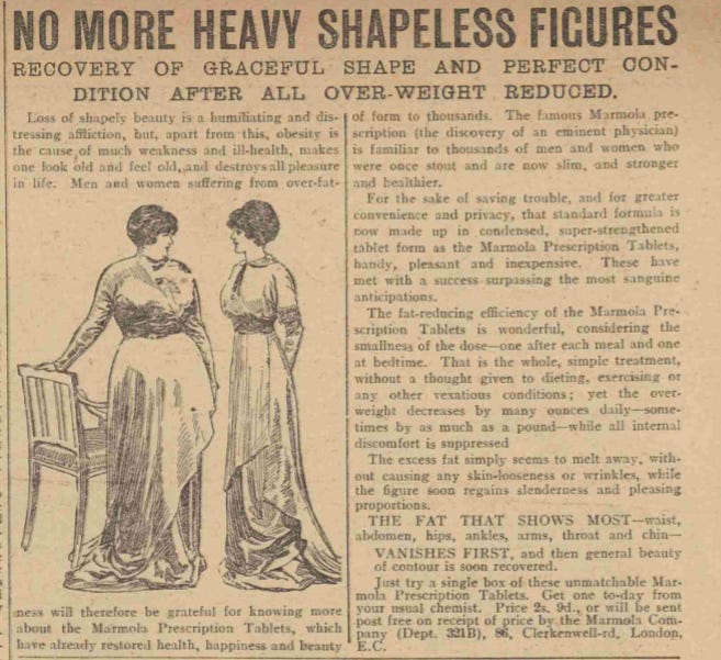 A newspaper advertisement headlined 'No more heavy shapeless figures.' There is a large portion of text promoting Marmola, and a drawing of two women, one of whom is slimmer than the other.