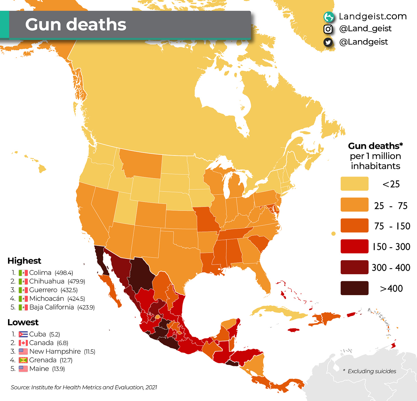Map of the gun death rate in North America. Map of the gun death rate in North America.