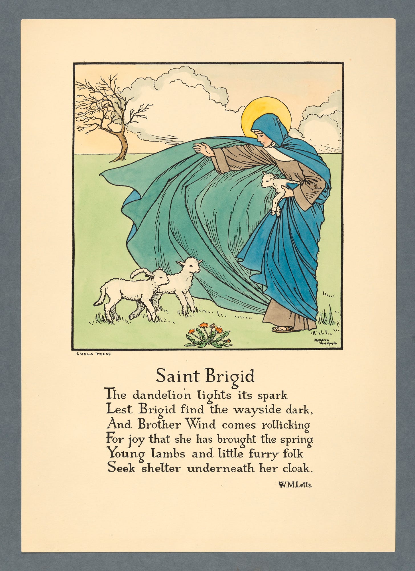Saint Brigid feeding lambs with a dandelion in the foreground
