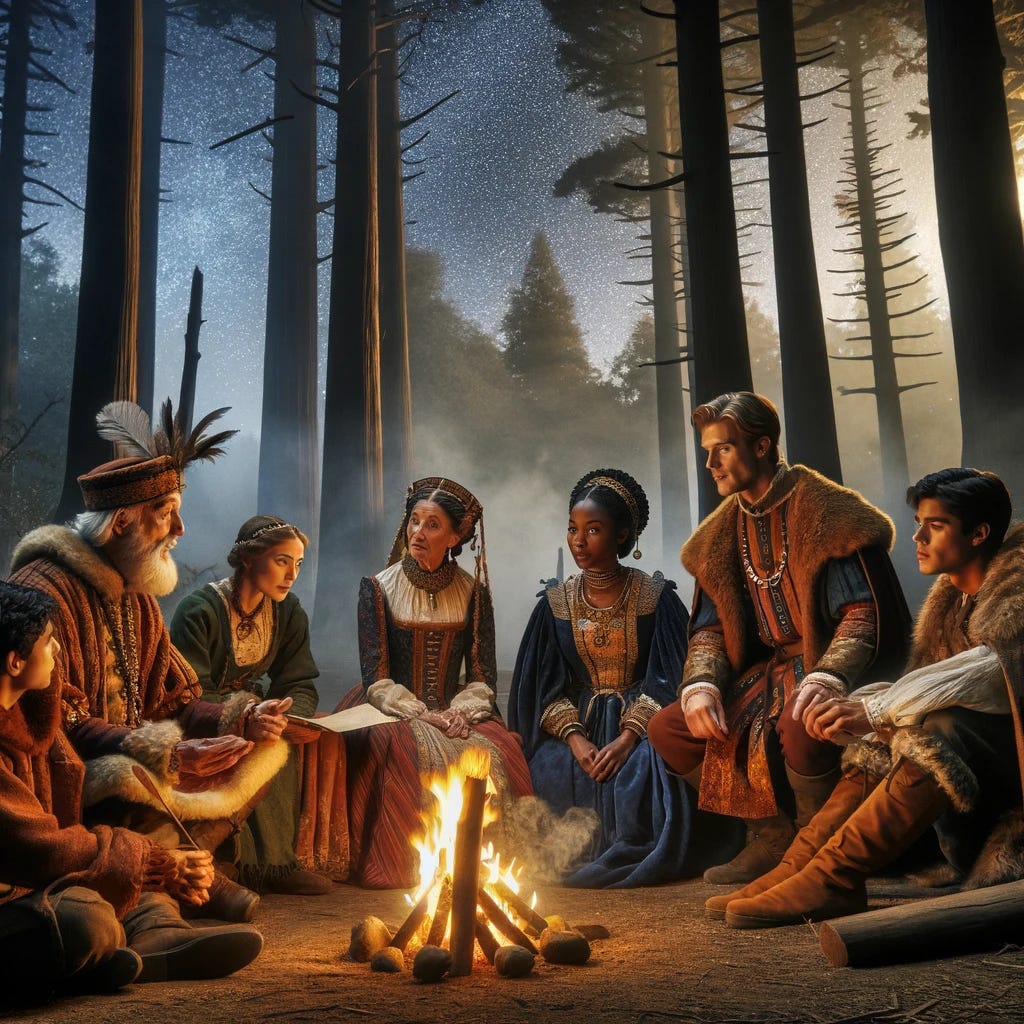 A historical scene depicting a diverse group of five people from a bygone era, sitting around a campfire in a forest. The group includes an elderly man in traditional tribal attire, a young woman in medieval European dress, a middle-aged Black woman in ancient African robes, a teenage boy in a Native American outfit, and a young Hispanic man in early colonial garments. They are engaged in storytelling, surrounded by tall trees and a starry sky. The campfire casts a warm, illuminating glow on their ancient costumes and animated expressions.