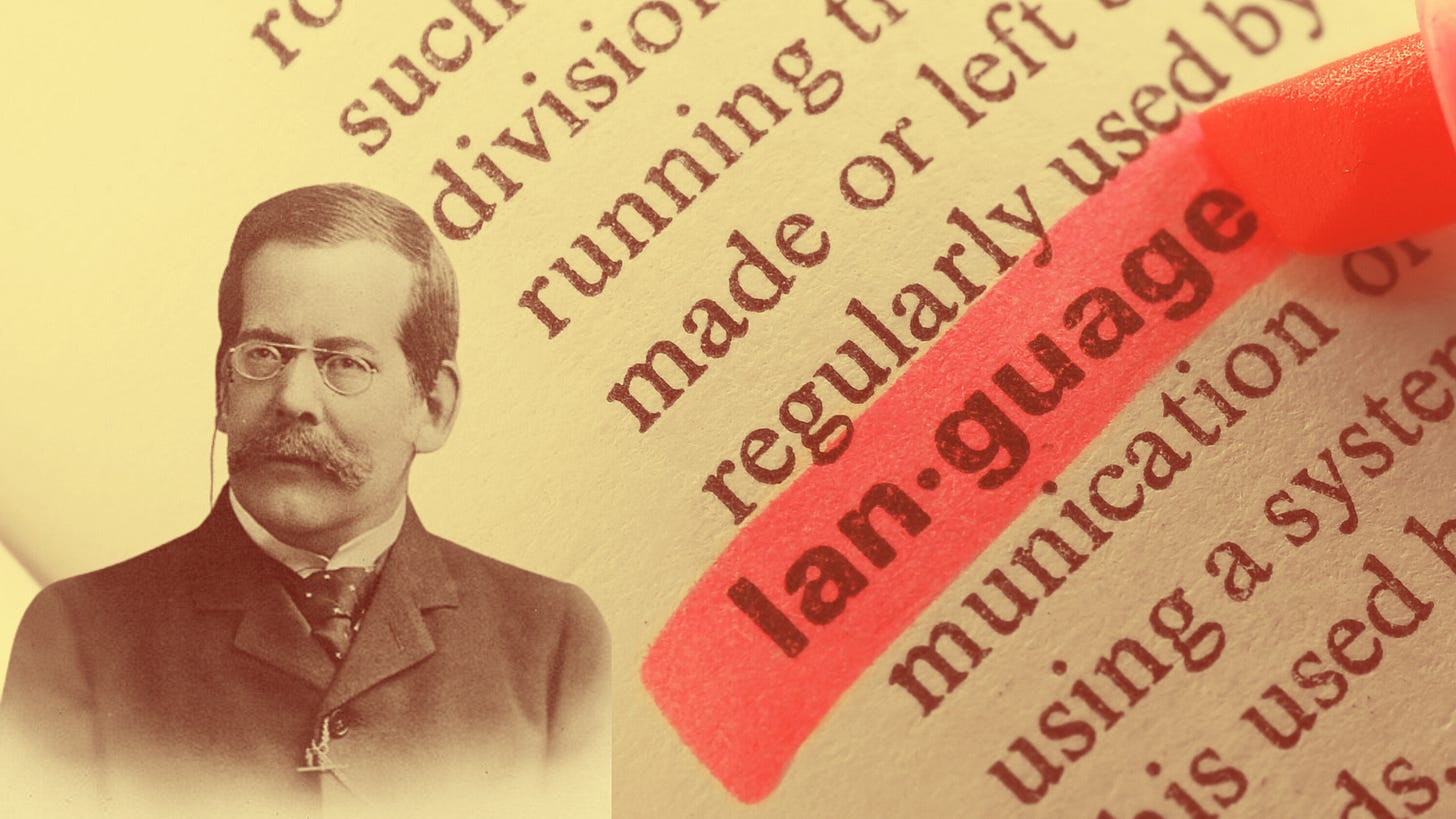 An image of the philologist and grammarian Henry Sweet in the foreground of a dictionary page highlighting an entry on language.