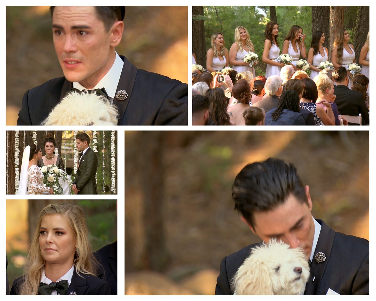 A collection of images from Tom and Katie's wedding. Top left: Tom Sandoval cries while hilding Butters the dog, top right: a line of bidesmaids laugh, bottom right: Tom Sandoval wipes his tears on Butters' fur, buttom left: Ariana smiles, middle left: Lisa Vanderpump officiates with Tom and Katie on either side. 
