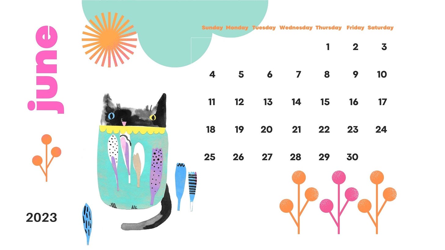 June calendar wallpaper with cat illustration by Julia Laing