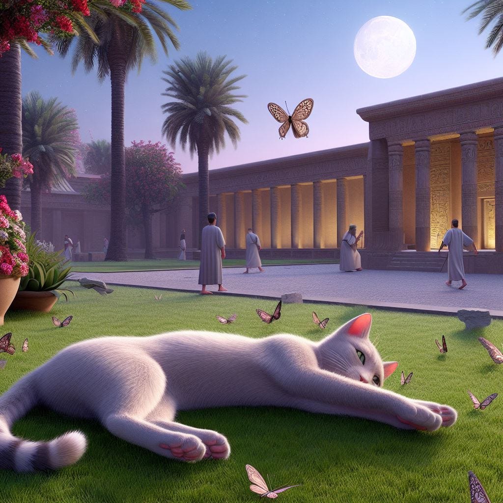 In an ancient Sumerian courtyard at dusk in Ur, a graceful temple cat stretches languidly on soft green grass, surrounded by blooming temple gardens. In the distance, scribes and priests move about, their robes flowing, while the cat's eyes are drawn to playful moths fluttering under the emerging moonlight.
