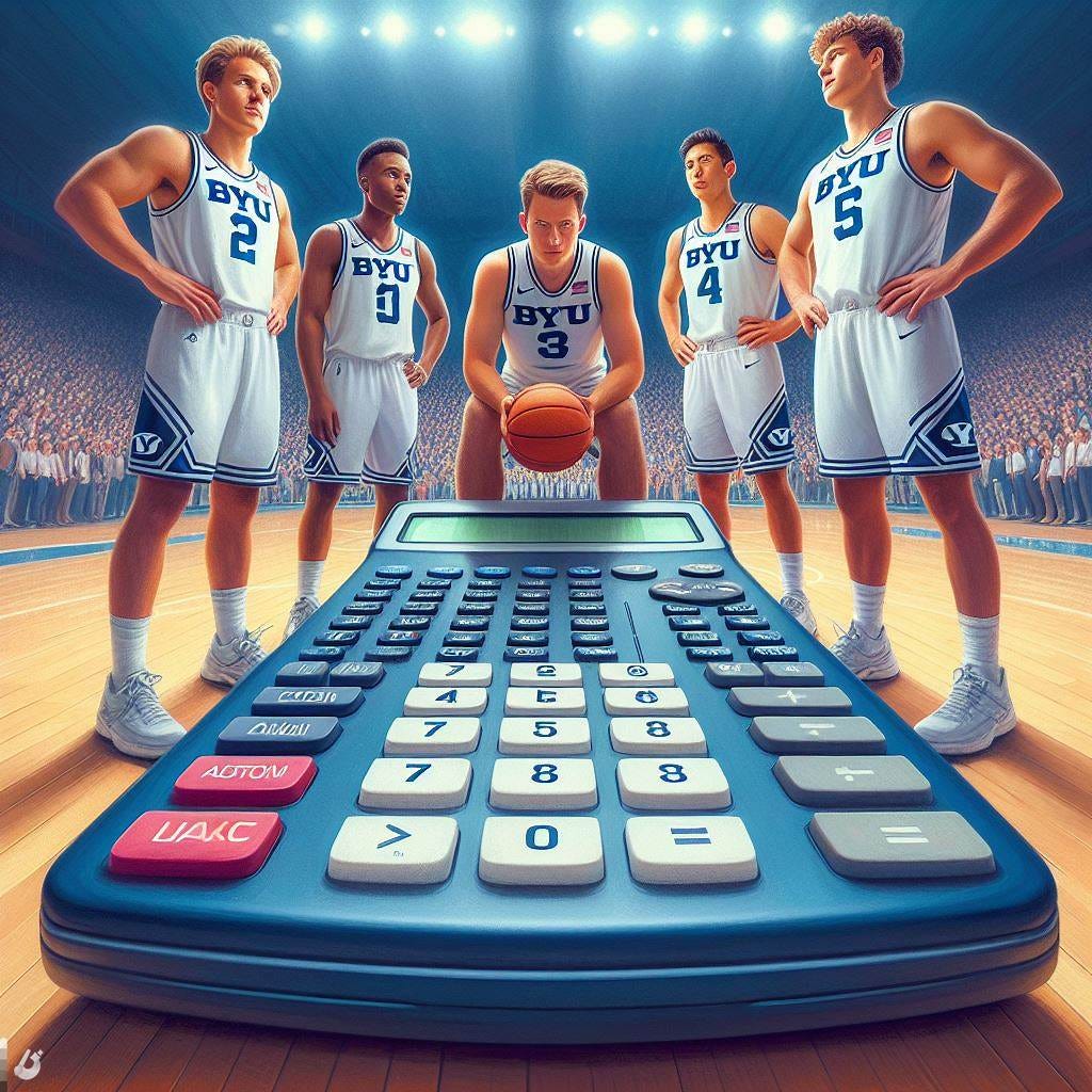 BYU Cougars basketball players staring down a giant TI-83 calculator on a basketball court, impressionism