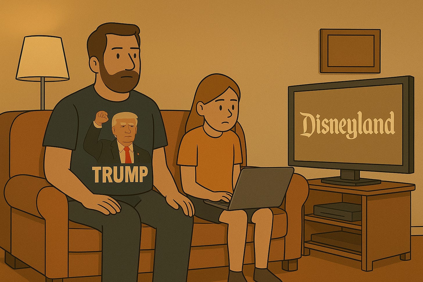 A cartoon-style illustration of a father and daughter sitting on an orange couch in a warmly lit living room. The father wears a dark shirt with a symbolic Trump graphic and watches a television displaying the word “Disneyland.” The daughter sits beside him with a neutral expression, focused on her laptop instead of the TV.