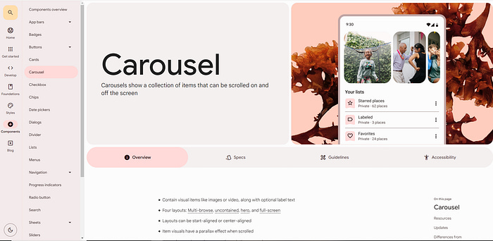 A sample page of the Carousel component in Material.io. It has a lot of useful knowledge like specs, use cases, guidelines and more. However, it cannot be edited.