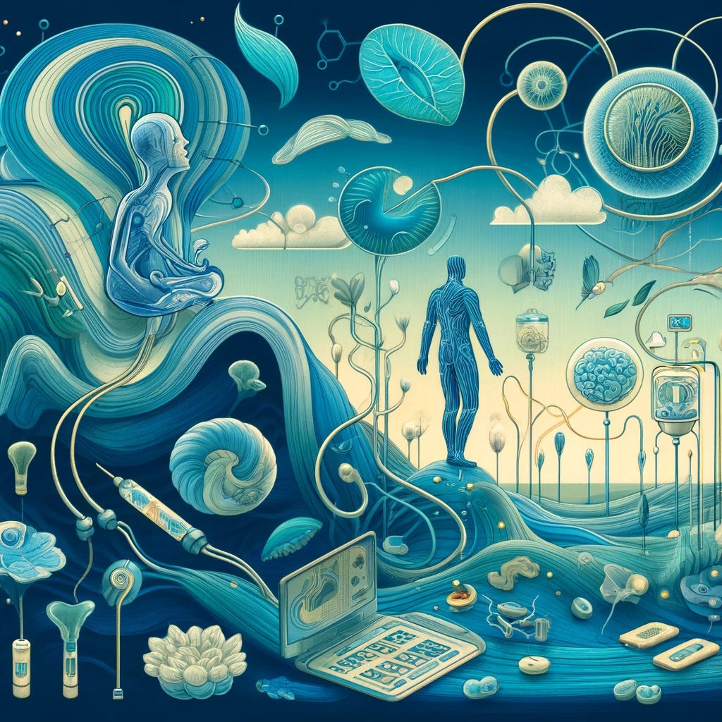 An imaginative illustration showing a futuristic bioelectronic interface where human and machine elements are seamlessly integrated. The scene depicts a serene and surreal environment, with elements like bioelectronic implants and organoids connecting to technological devices. The illustration is crafted in a storybook style with fluid, curved lines and uses a color scheme of blue (#2D6DF6), dark blue (#0033A0), white (#FFFFFF), teal (#00AEC7), and yellow (#E3E829). The design should evoke curiosity and wonder, focusing on the seamless integration of biology and technology, without text.