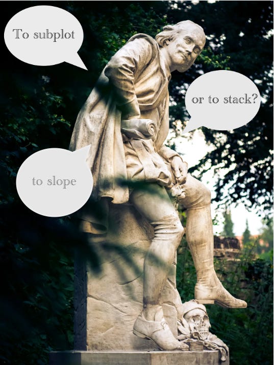 Statue of Shakespeare but with 3 chat bubbles saying to subplot, to stack or to slope