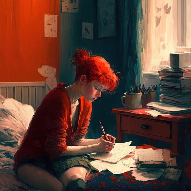 Woman writing poetry (drawing).