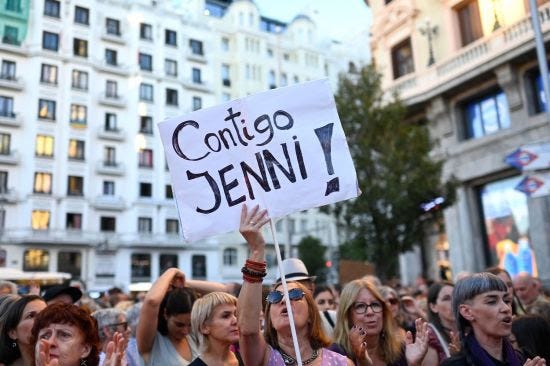 A protester demonstrates in support of Spanish soccer athlete Jenni Hermoso in Madrid.