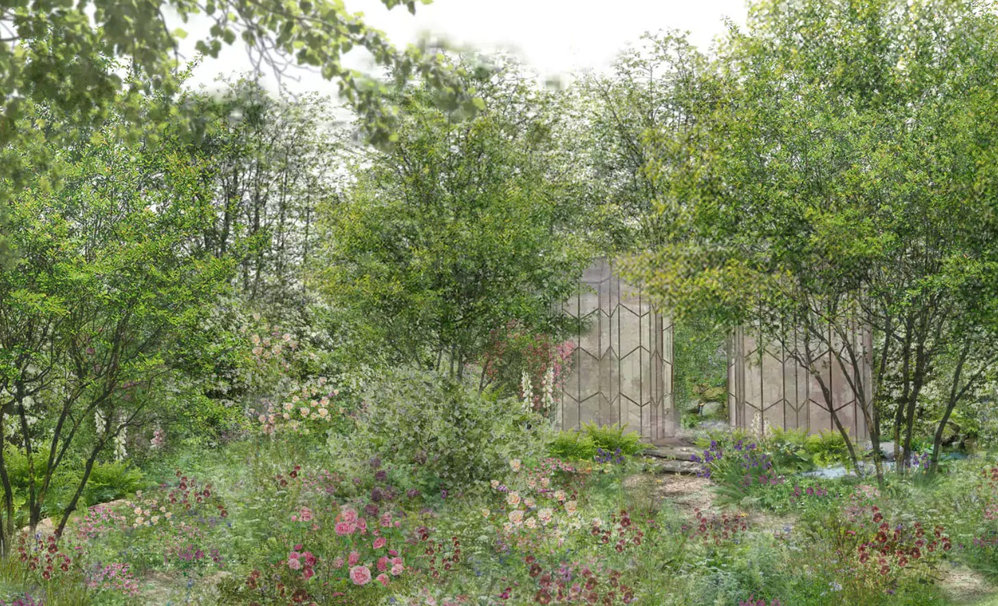 A beautiful rose garden with a garden pavilion