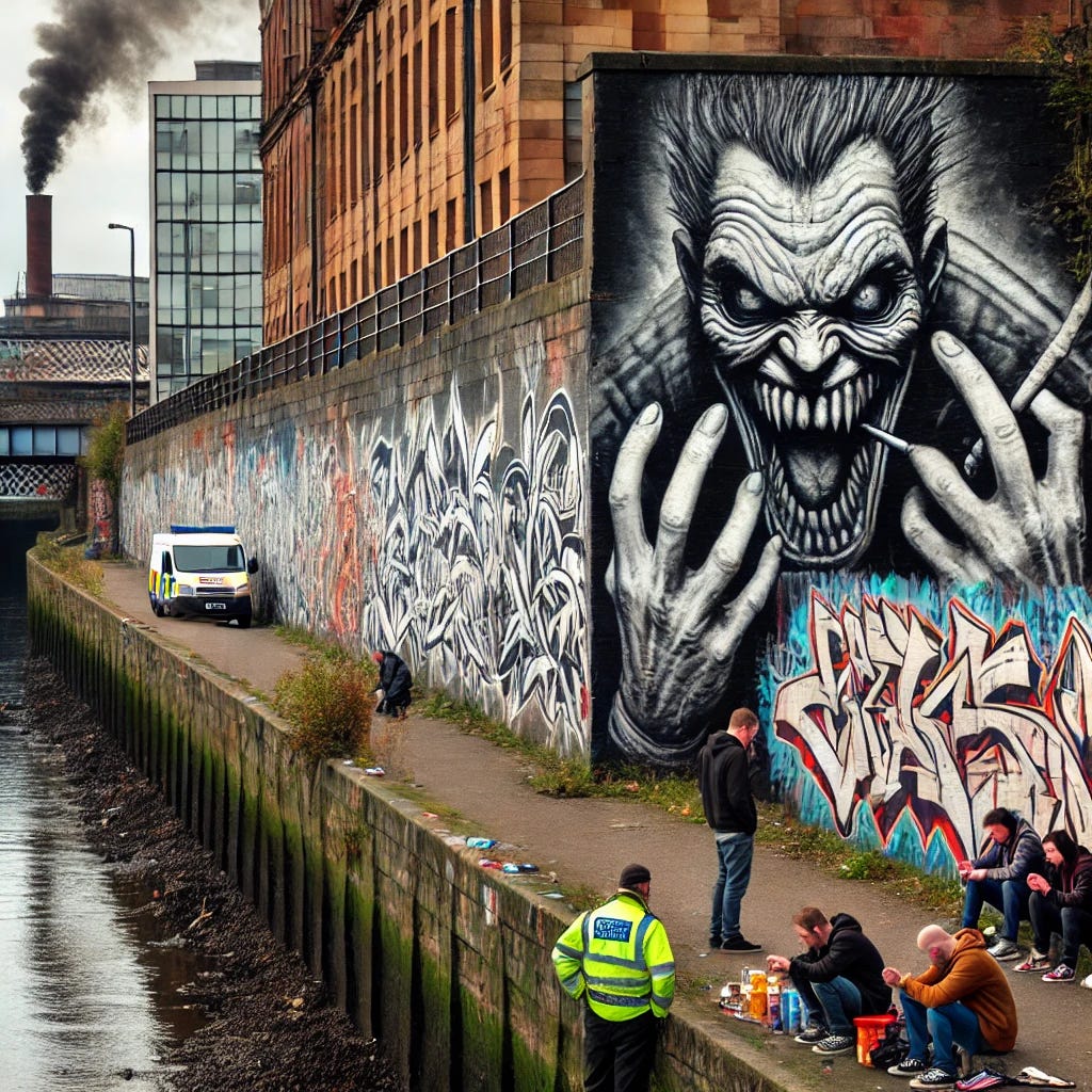A city riverside scene along the River Clyde in Glasgow, showing graffiti-covered walls and people engaging in anti-social behavior like smoking in the background. The graffiti is large, with bold, chaotic designs, some in dark colors, giving off a frightening and provocative vibe. Nearby, council workers or community enforcement officers can be seen patrolling, and a legal graffiti wall is partially visible. The scene has a gritty, urban feel, with the river and a few bridges in the background. The tone of the image is tense and reflective of urban decay.
