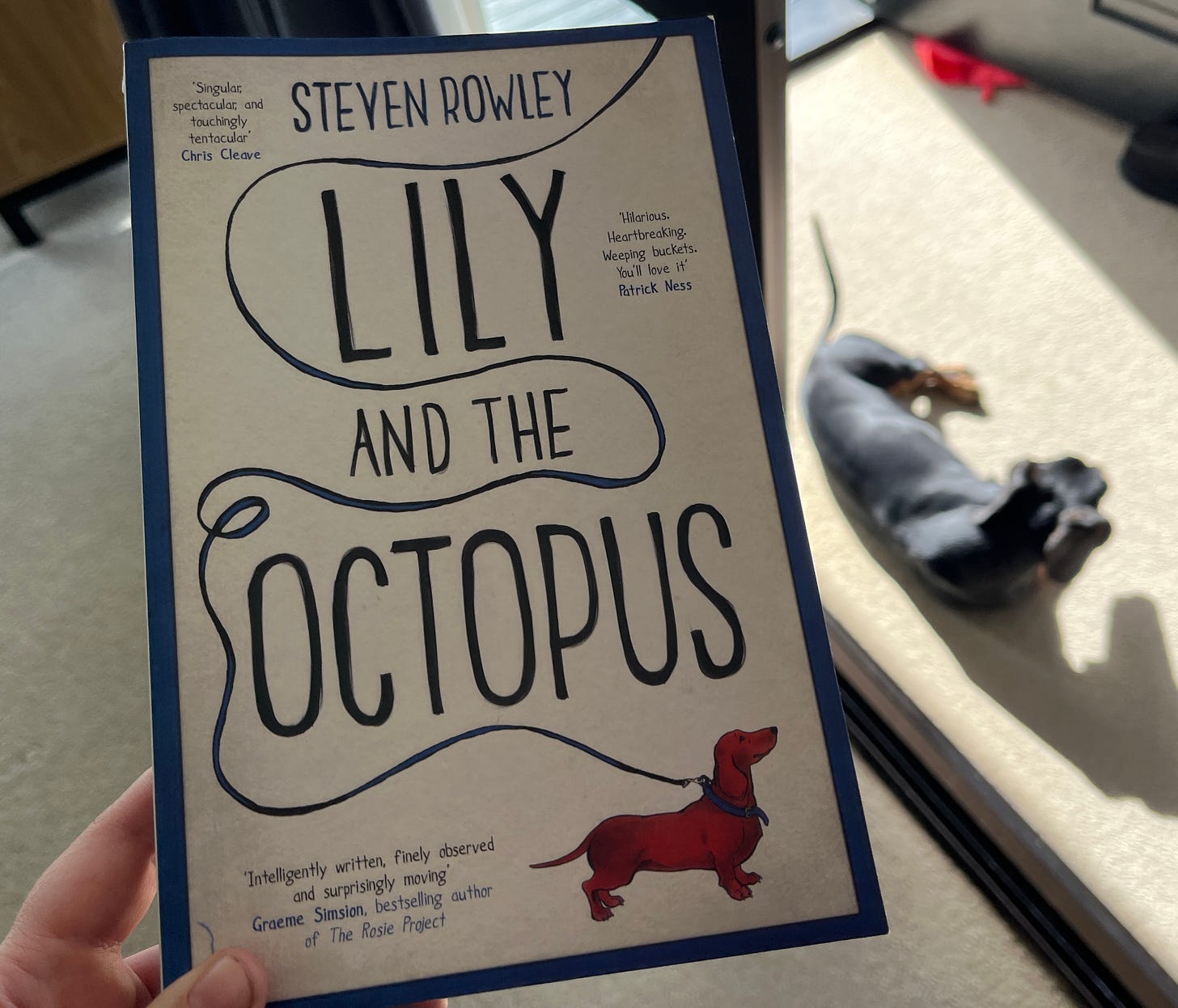 a hand holds a book titled Lily and the Octopus by Steven Rowley, with a dachshund on the cover. In the background lies a blurry black dachshund